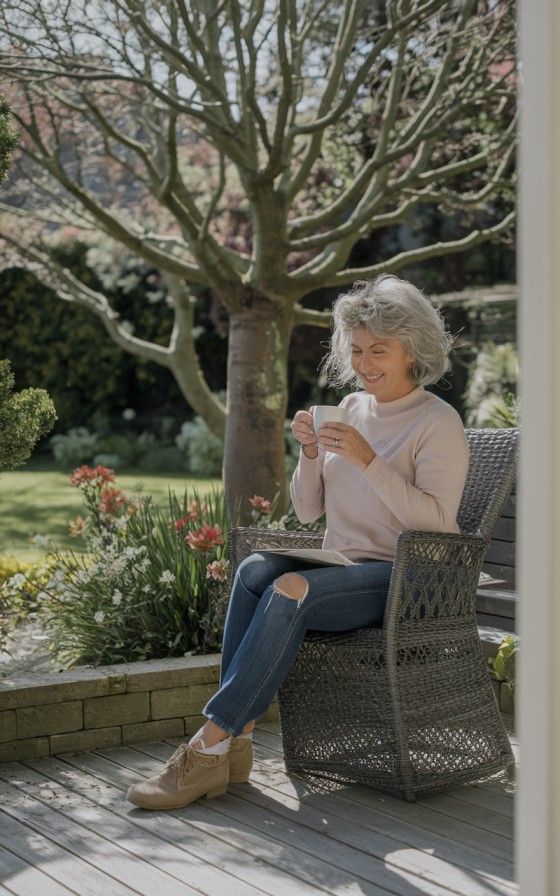 Happy customer enjoying extra sunlight after tree removals and trimming