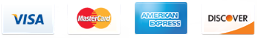 Logos for Visa, MasterCard, American Express, and Discover credit and debit cards.