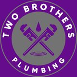 A purple circular logo for Two Brothers Plumbing featuring two crossed pipe wrenches, a water drop, and a puddle.