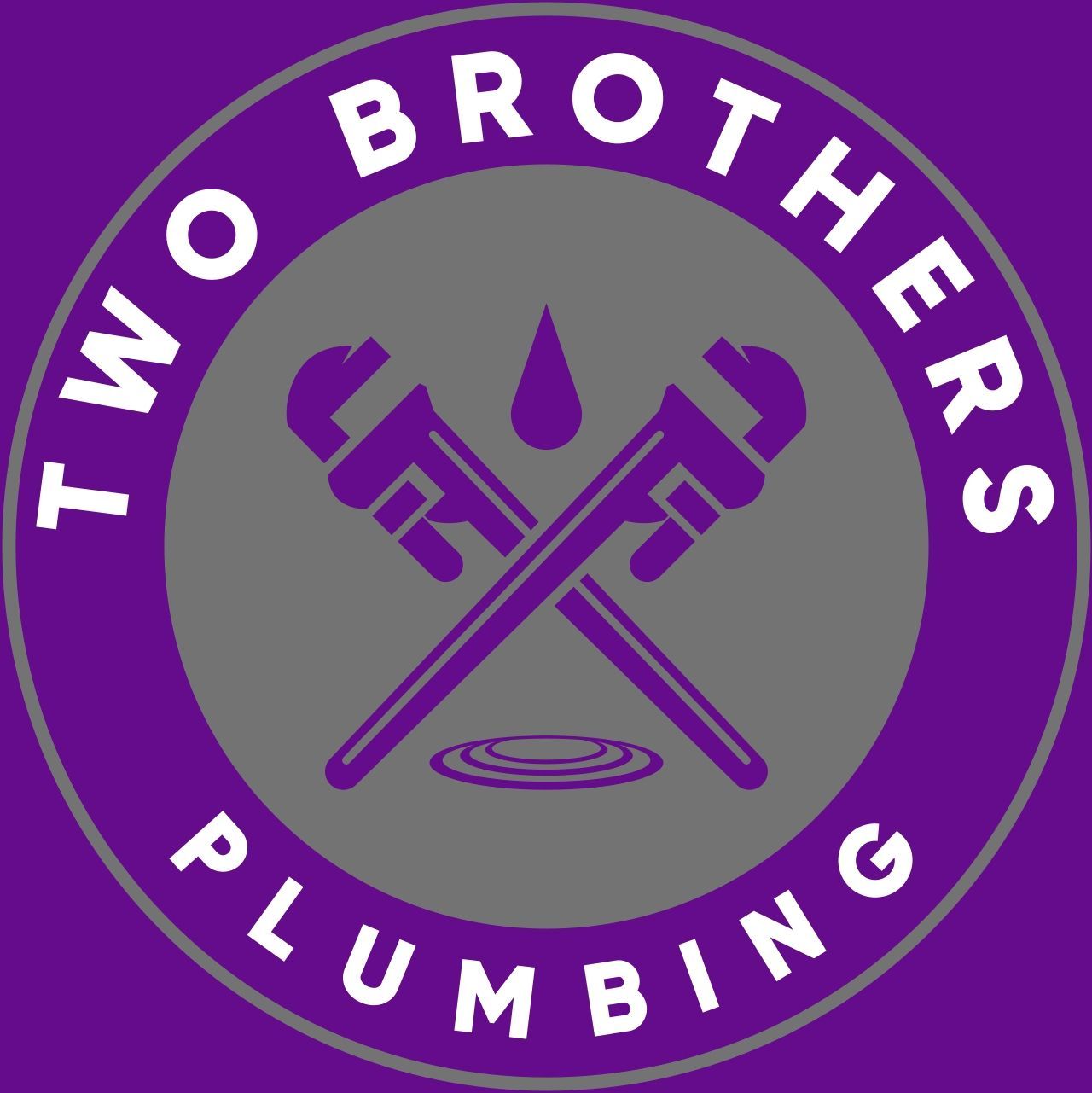 A purple circular logo for Two Brothers Plumbing featuring two crossed pipe wrenches, a water drop, and a puddle.