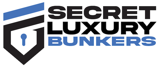 The logo for secret luxury bunkers is a shield with a key in it.