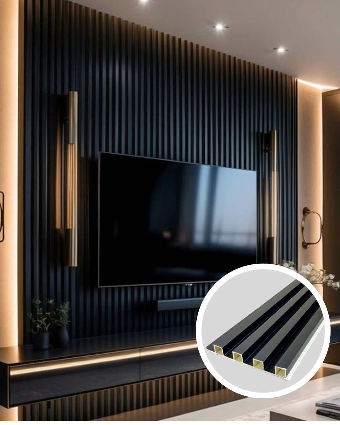 Pared negra acanalada con televisor montado, iluminación ambiental y detalle de listones incrustados.