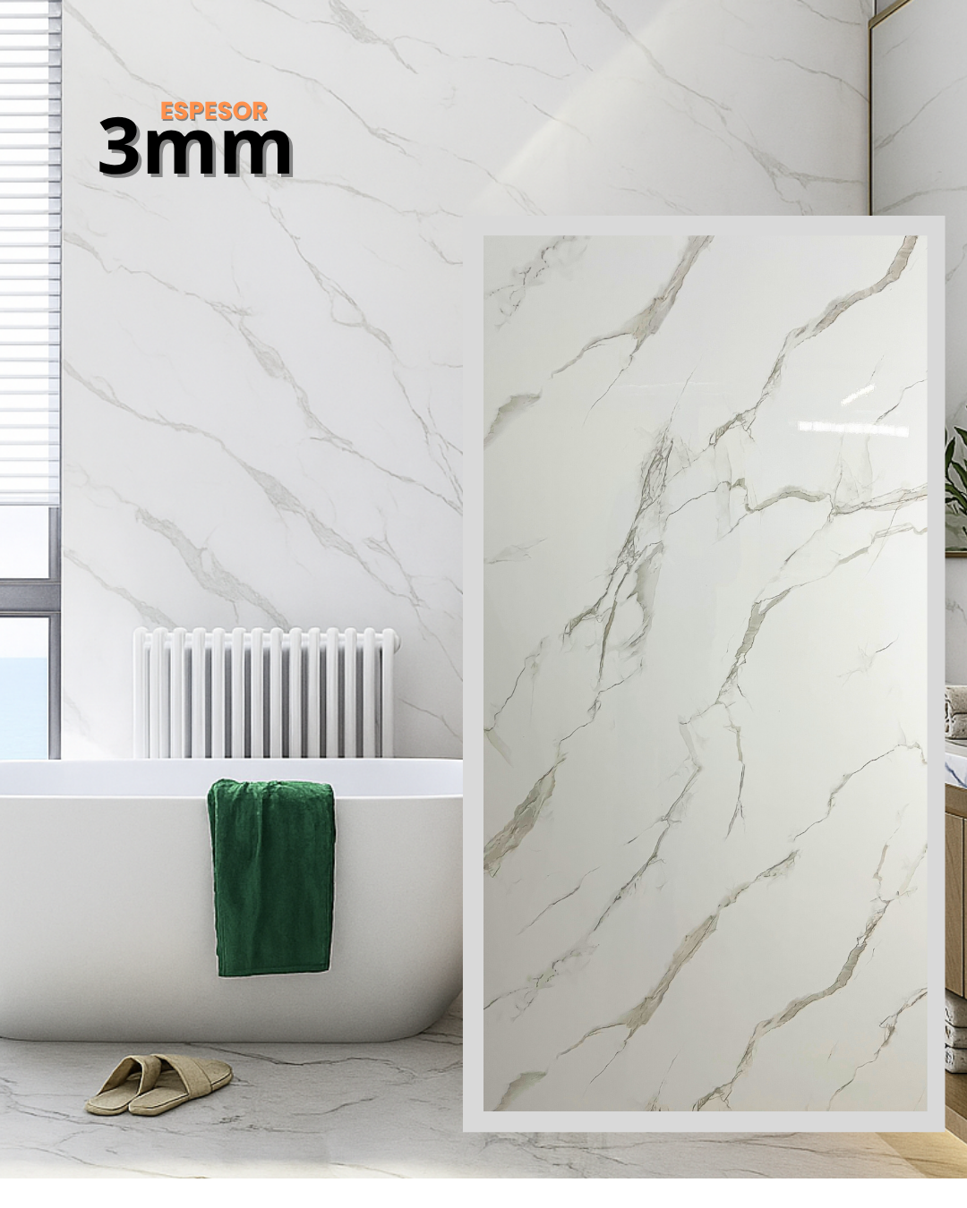 Baño con paneles de pared con estampado de mármol blanco, bañera y toalla verde. Se muestra texto de 3 mm.