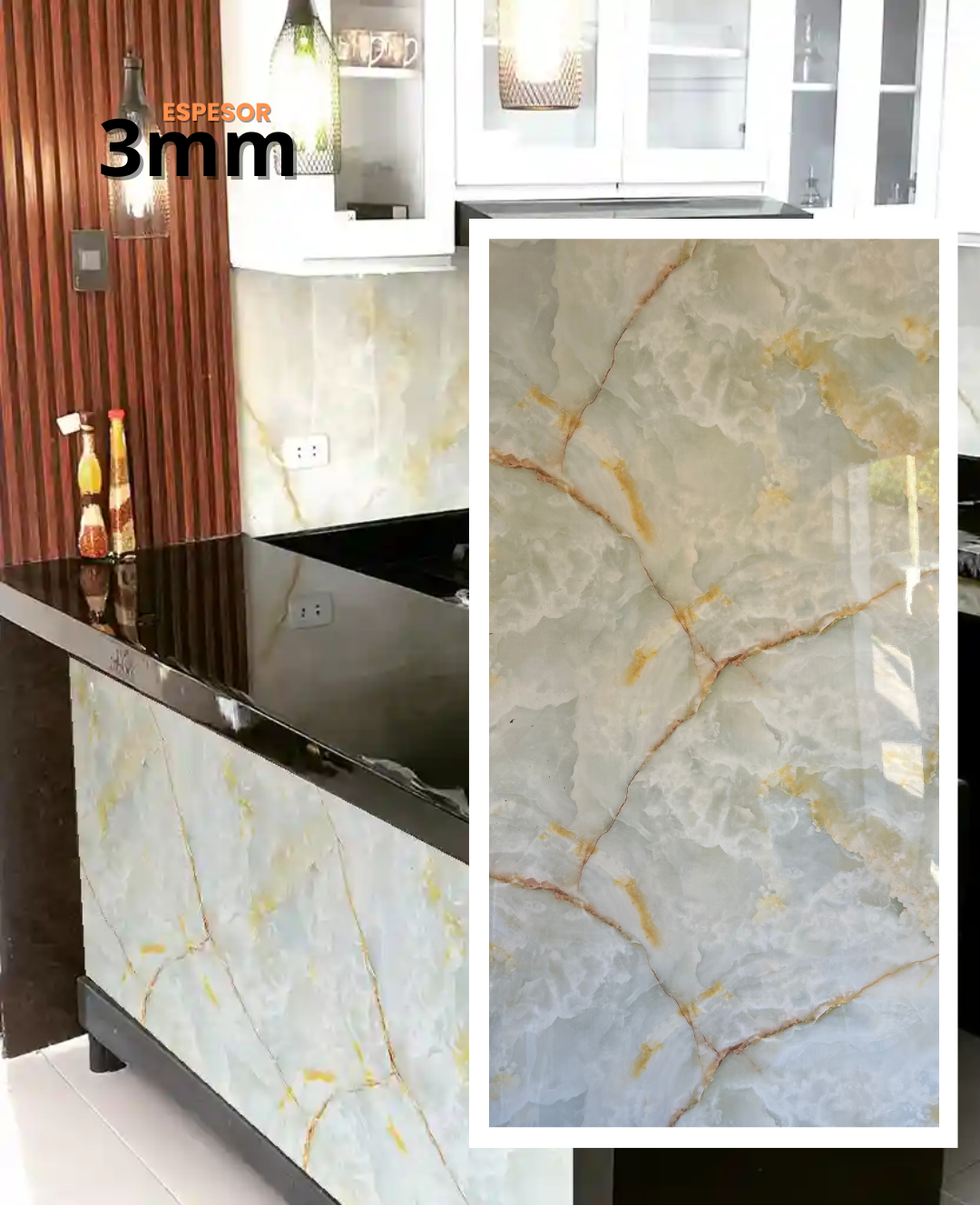 Cocina con salpicadero y encimera con estampado de mármol. Vetas marrones sobre fondo azul claro.