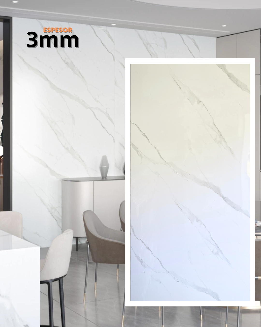 Paneles de pared con estampado de mármol blanco en un comedor moderno, con el texto 