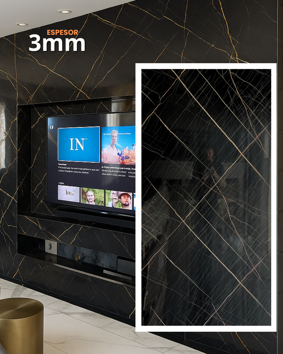 Se aprecia un panel de pared negro con vetas doradas, un televisor y un taburete dorado.