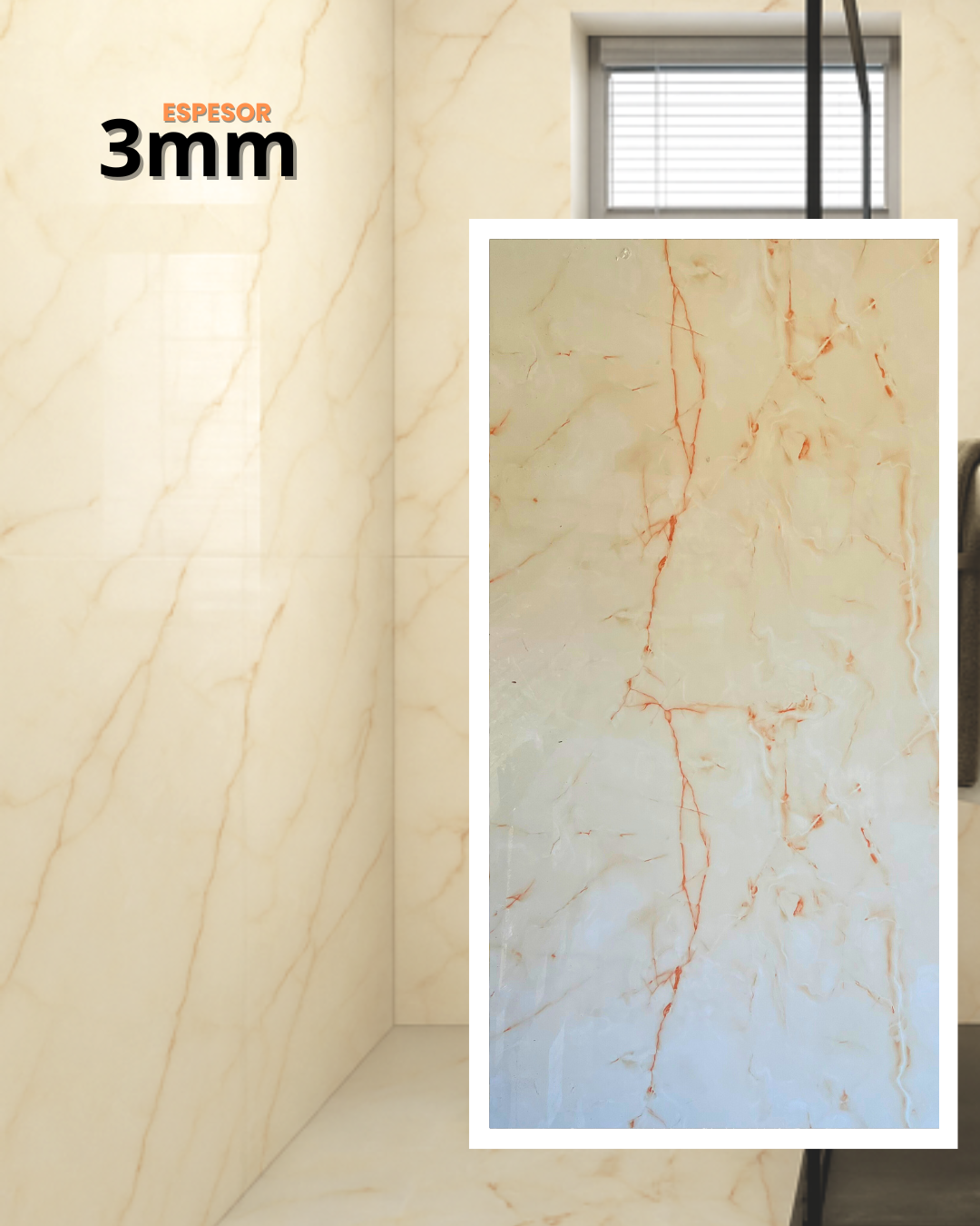 Baño con azulejos de pared color beige imitación mármol y texto de 3 mm de grosor. 