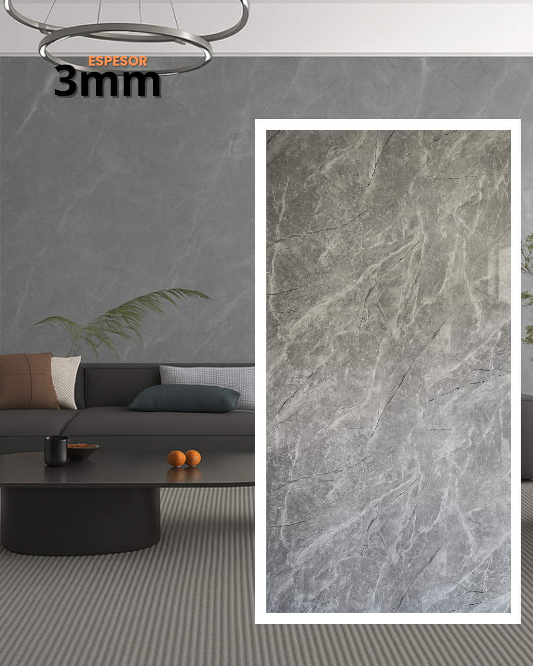 Salón con panel de pared de mármol gris, sofá y mesa de centro. Texto 