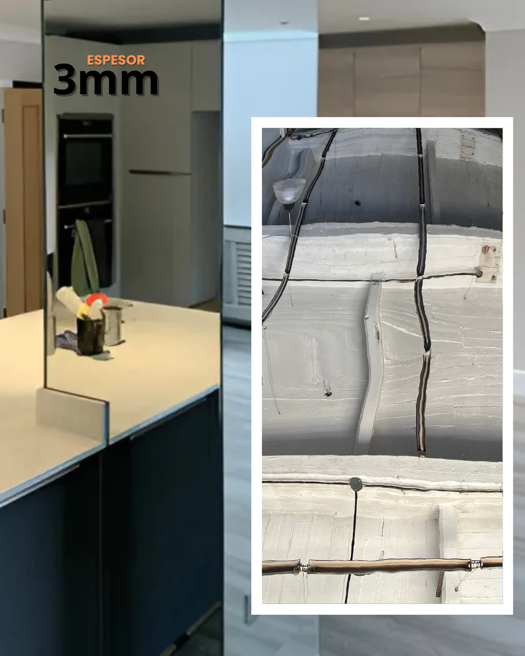 Interior de cocina con espejo de 3 mm, imagen insertada de losas de hormigón con barras de refuerzo.