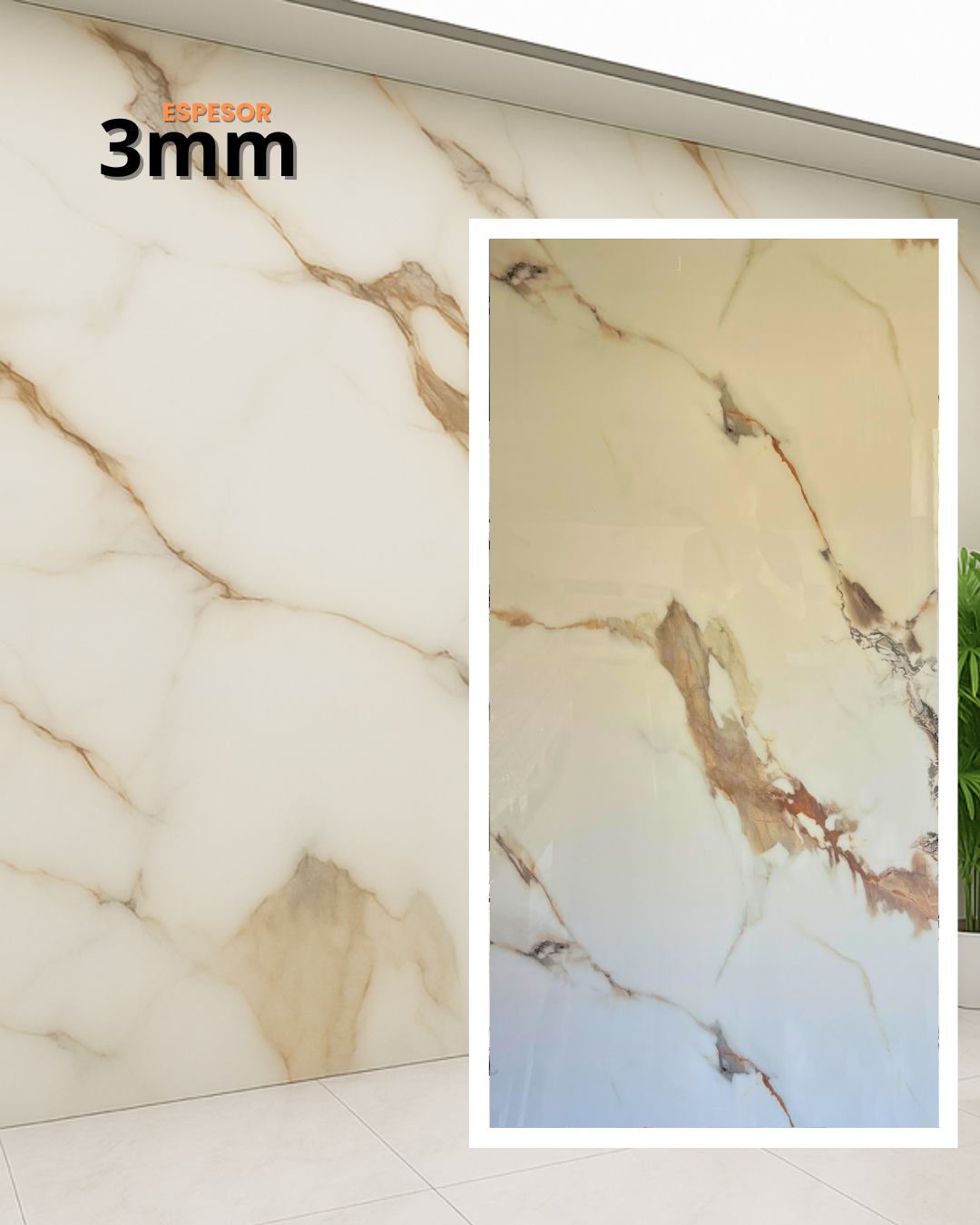 Panel de pared de mármol con vetas blancas y marrones, 3 mm de espesor, para interiores.