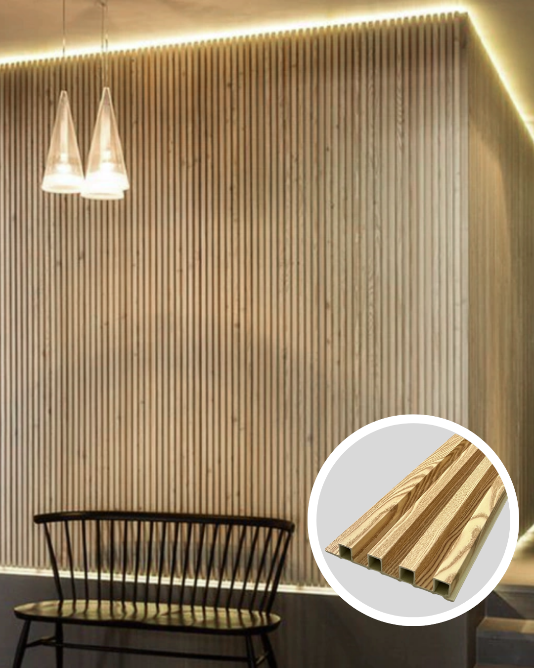 Pared revestida con paneles verticales de madera, banco y lámparas colgantes. 