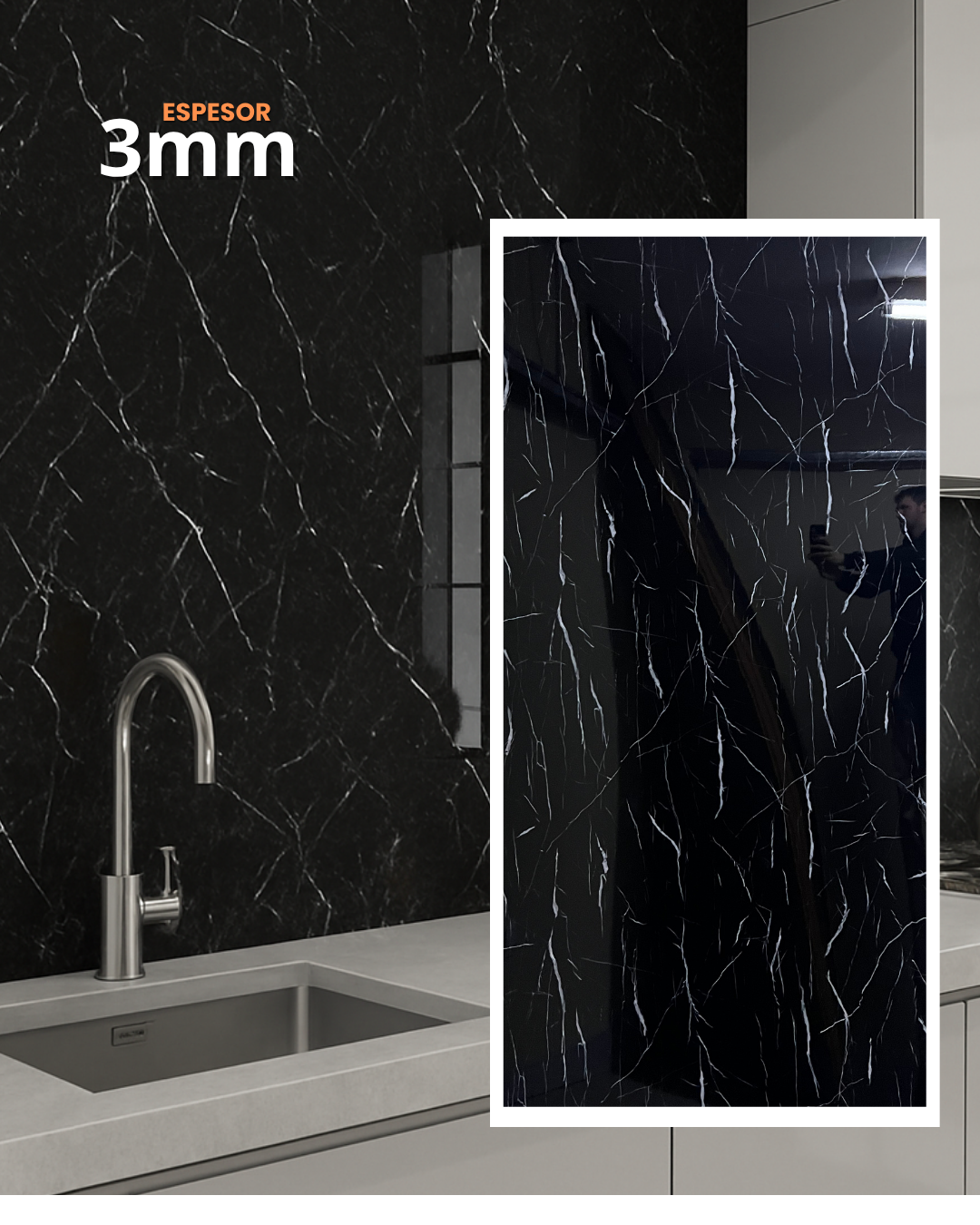 Revestimiento de pared con aspecto de mármol negro en una cocina, con grifo y fregadero. 