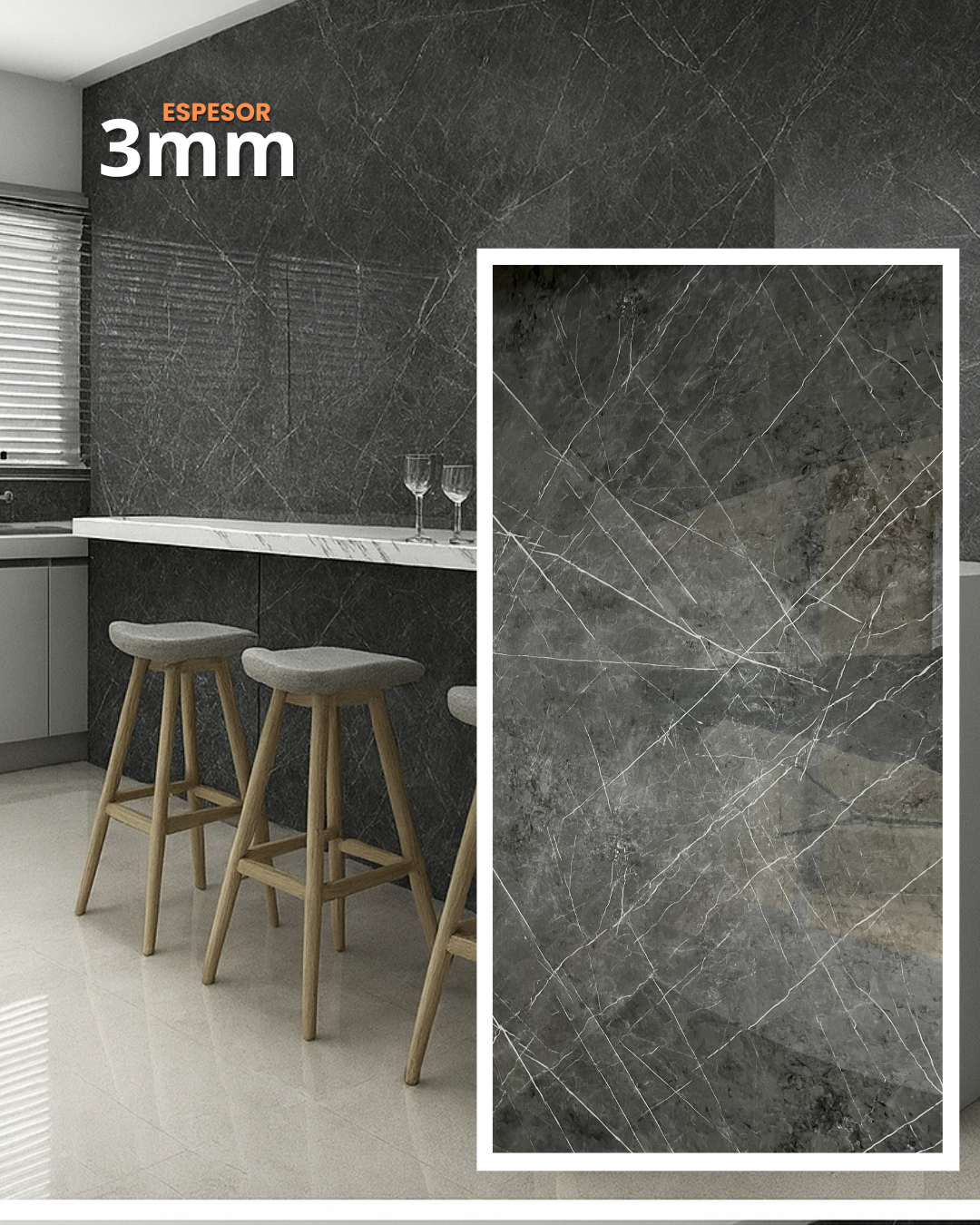 Cocina con pared de azulejos gris oscuro, encimera, taburetes de bar y primer plano de una muestra de azulejo.