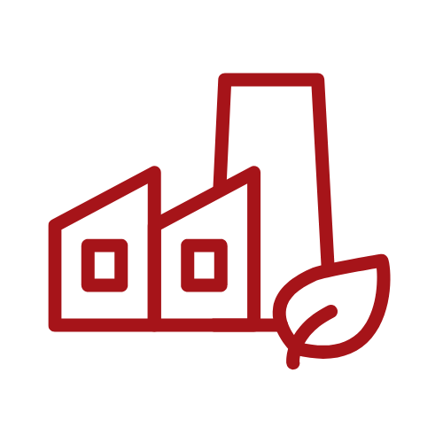 Um ícone de linha vermelha de uma fábrica com uma folha ao lado.