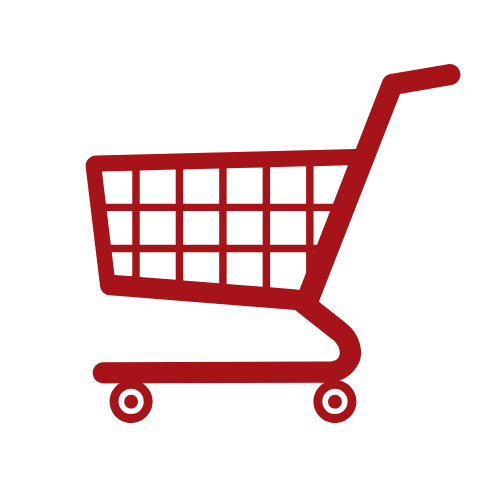 Um ícone de carrinho de compras vermelho em um fundo branco.