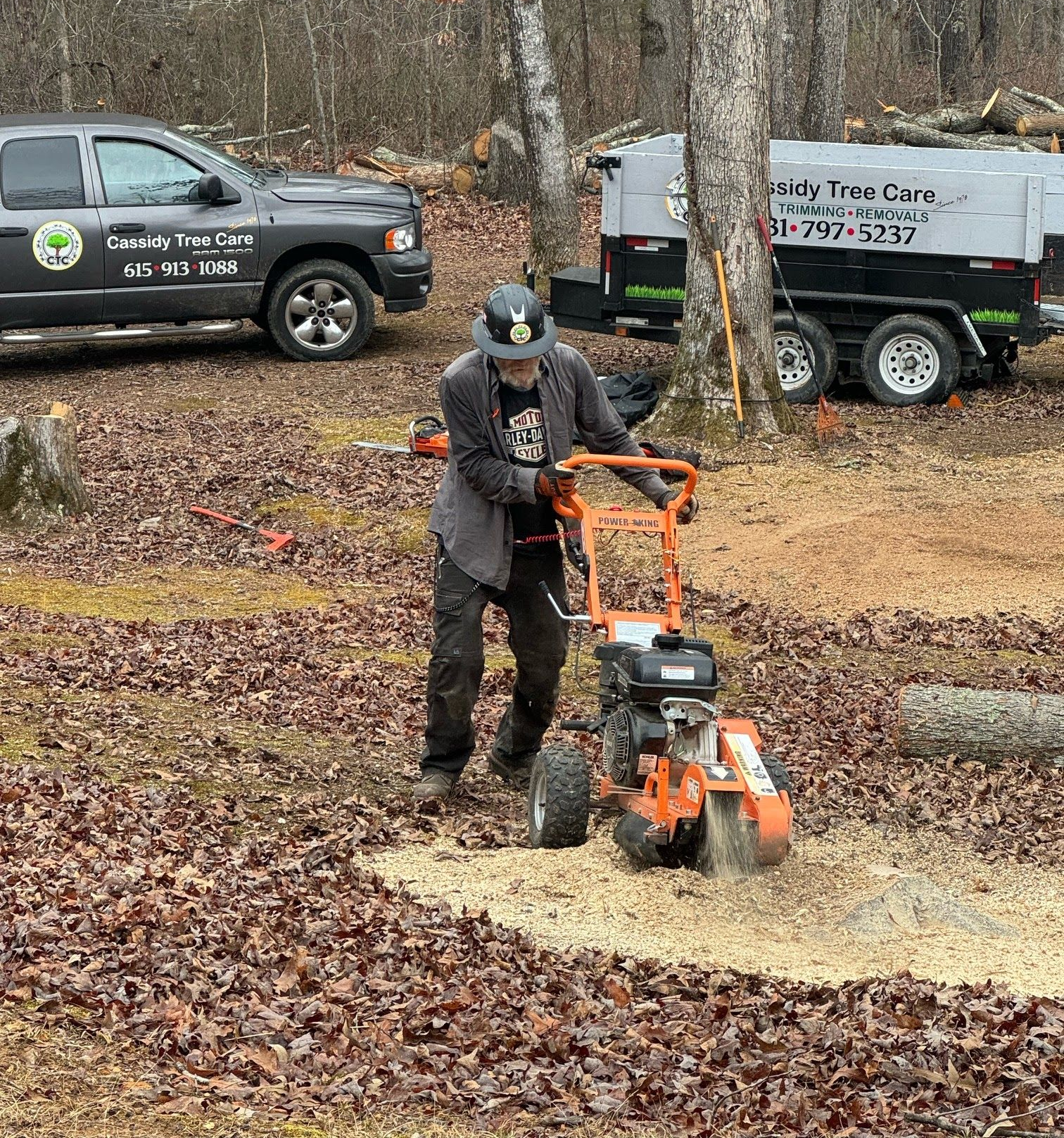 Man operating a stump grinder, surrounded by wood chips, with a company truck and trailer in the background.