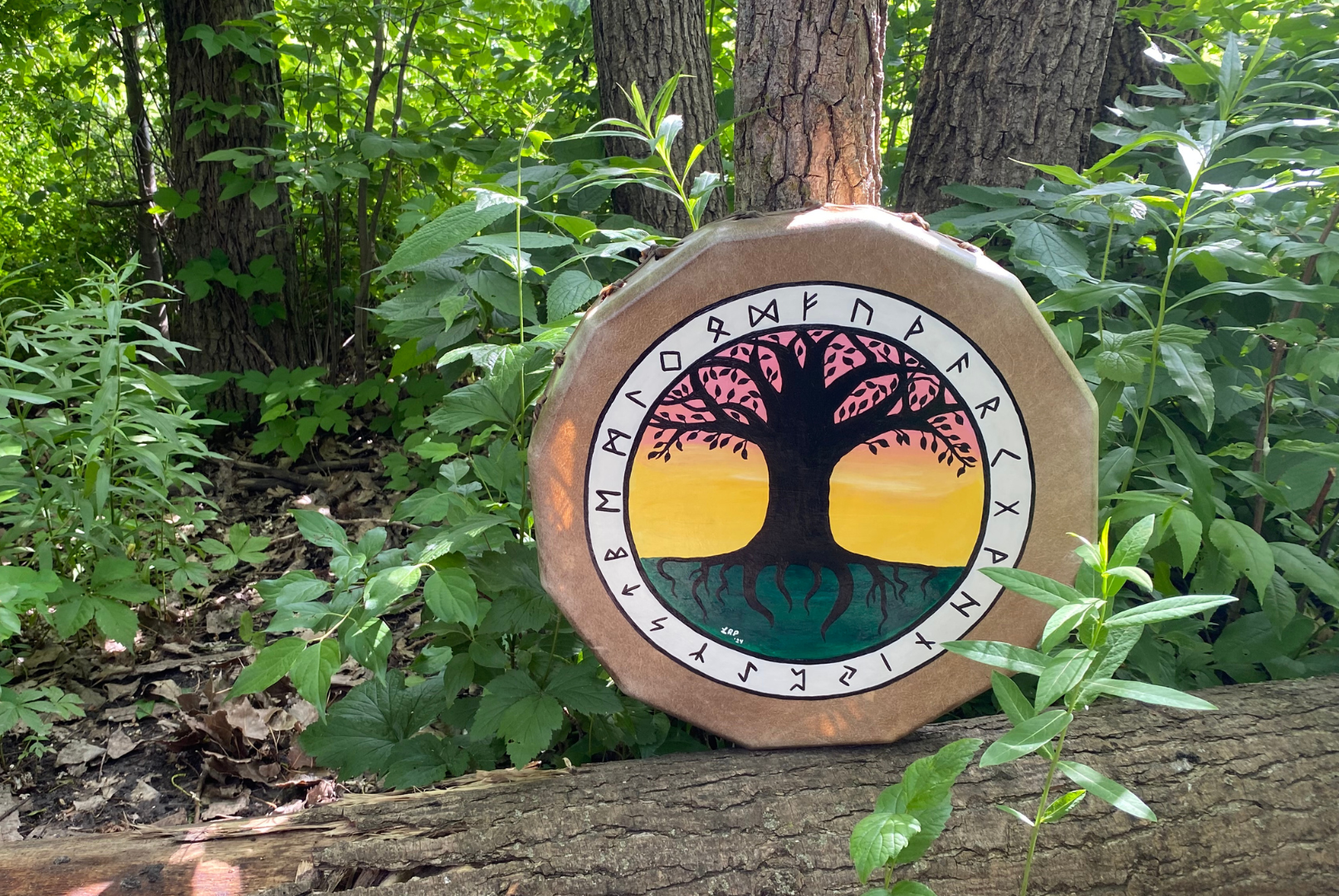 frame drum painted with runes and Yggdrasil