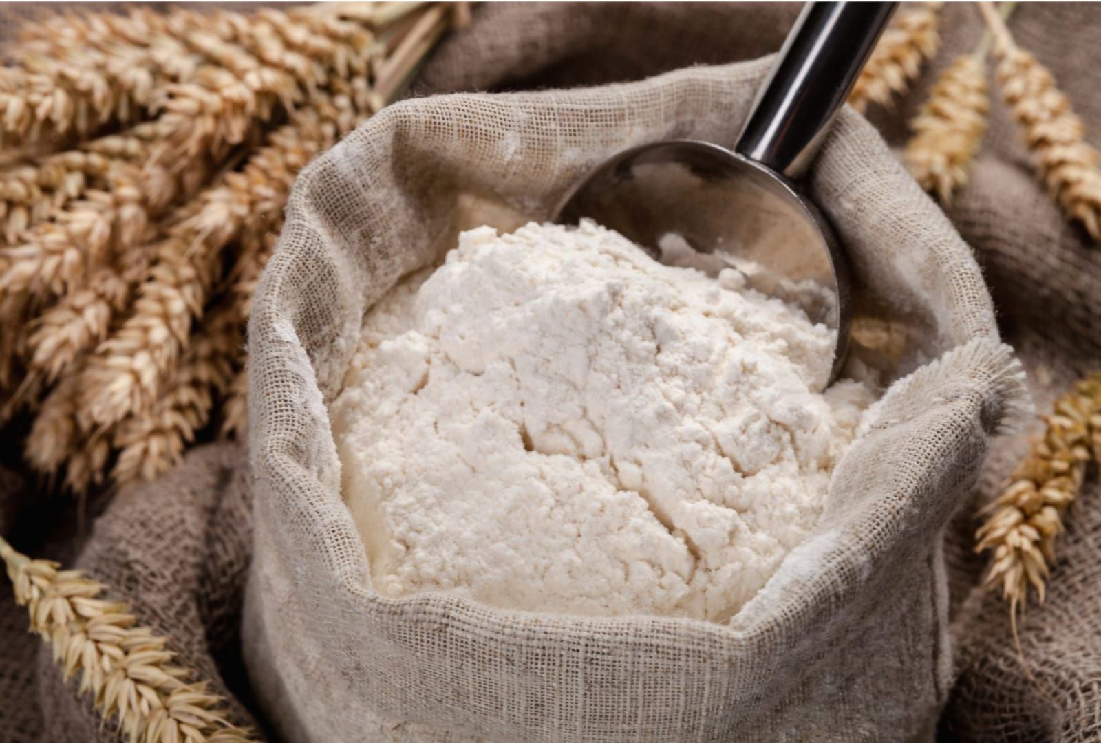Una cuchara de metal reposa dentro de un rústico saco de arpillera lleno de harina blanca, rodeado de tallos de trigo.