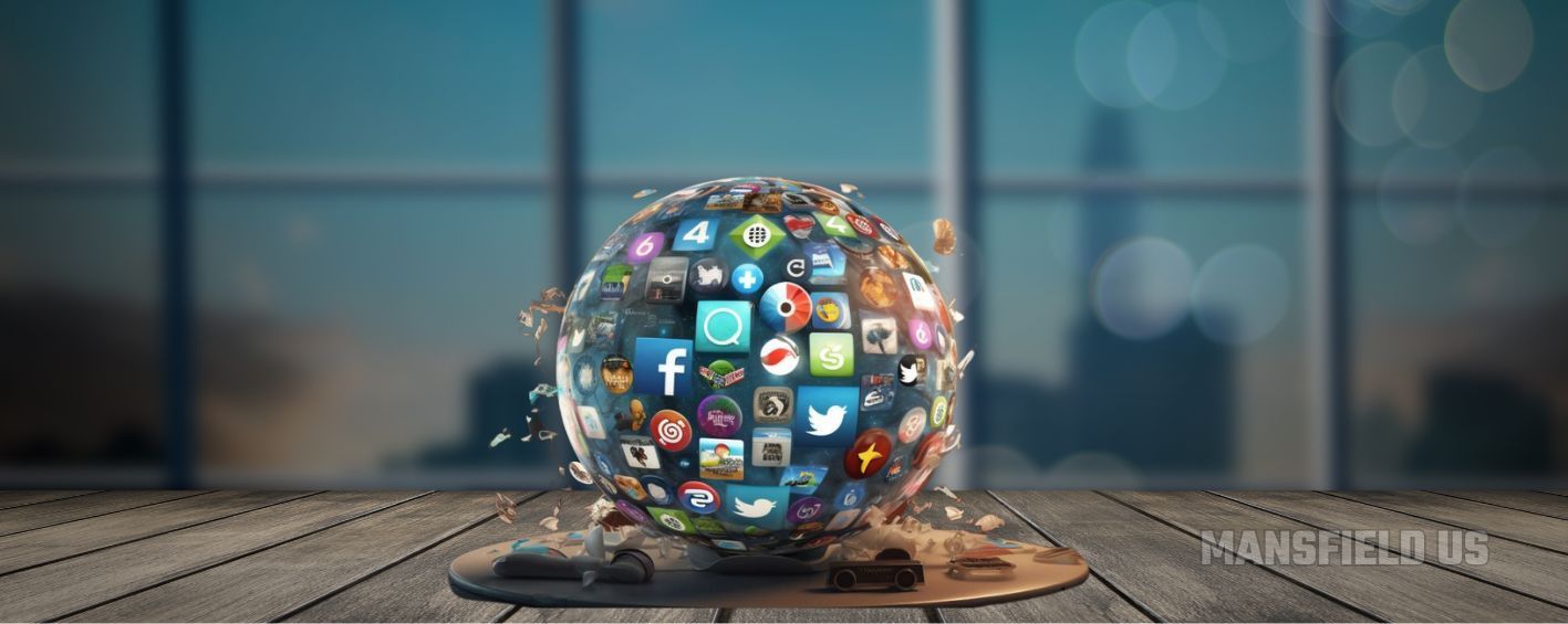 a globe filled with social media icons is sitting on a wooden table .