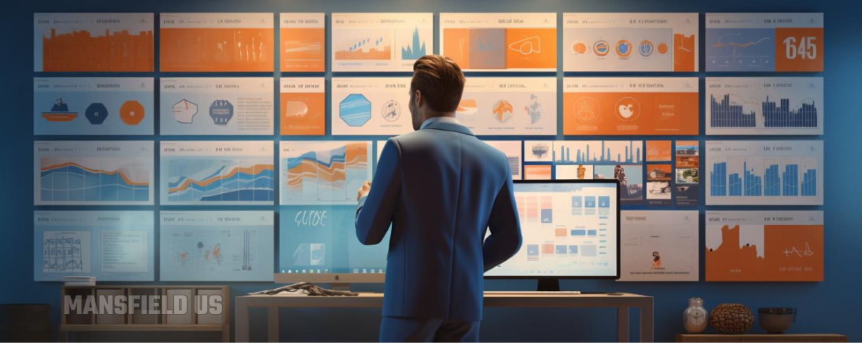 a man is standing in front of a wall filled with lots of graphs and charts .