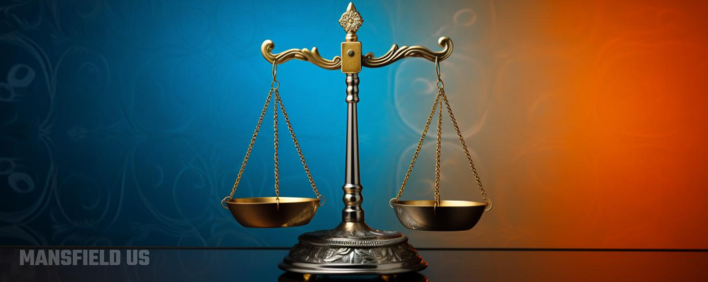 a scale of justice is sitting on a table with a blue and orange background .