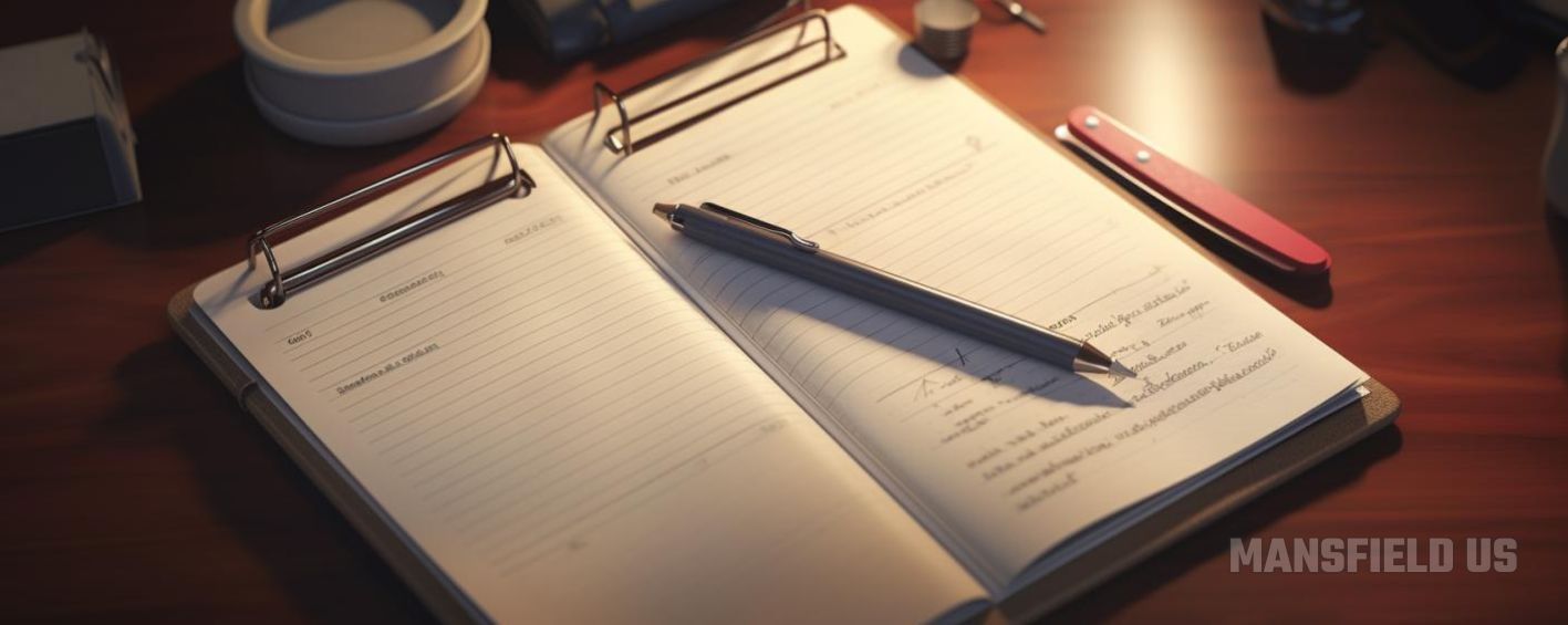 an open notebook with a pen on top of it on a wooden table .