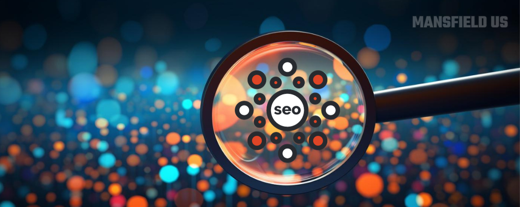a magnifying glass is looking at a circle with the words SEO in it .