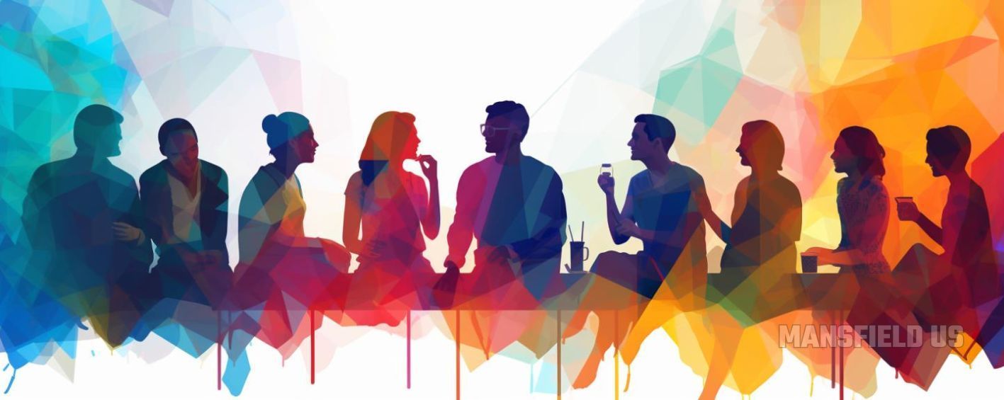 a group of people are sitting at a table with a colorful background .