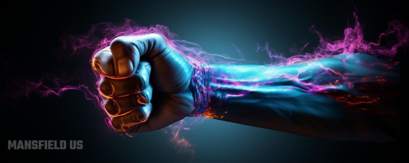 a fist with purple and blue light coming out of it .