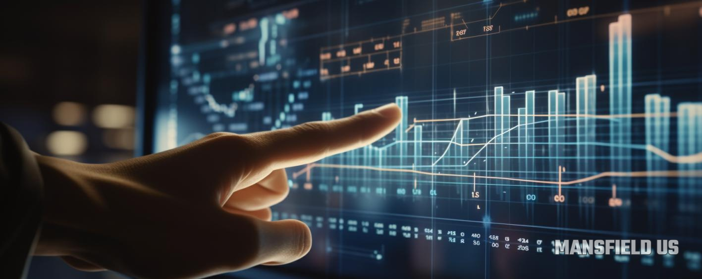 photorealistic of a hand pointing at a screen with data, bar graphs, line graphs, in commercial cinematic style
