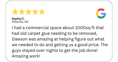 Google review from Sophia C. about carpet glue removal.