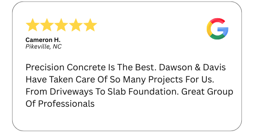 Google review for Precision Concrete: 5-star rating from Cameron H. praising their work on driveways & foundations.