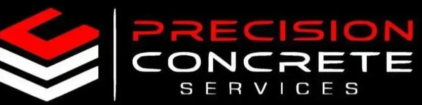 Logo for Precision Concrete Services: red and white graphic, white text on black background.