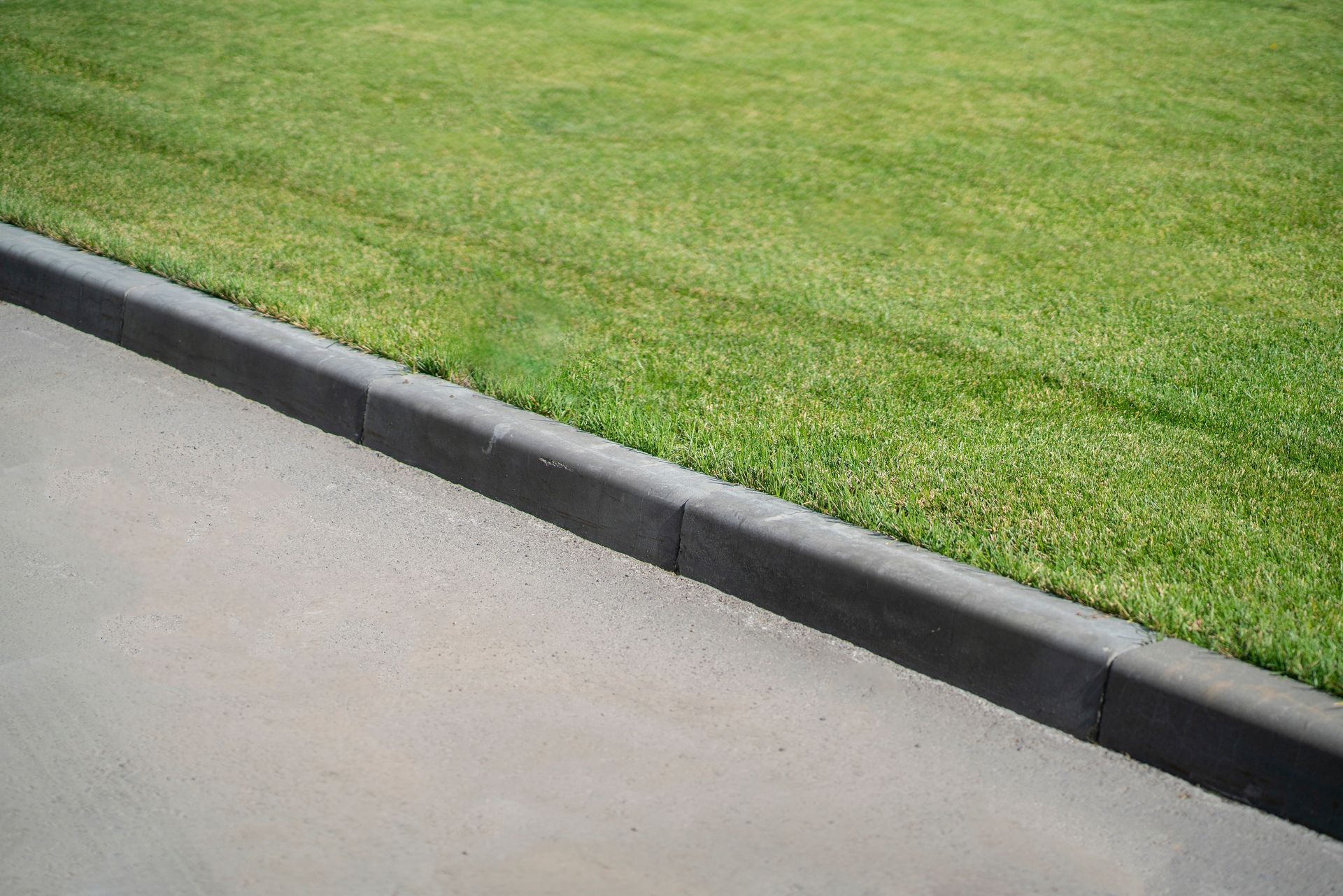 Concrete curb separating a gray paved surface from green grass.