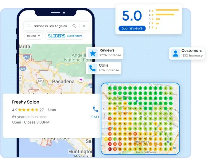 A cell phone with a map and a review on it.