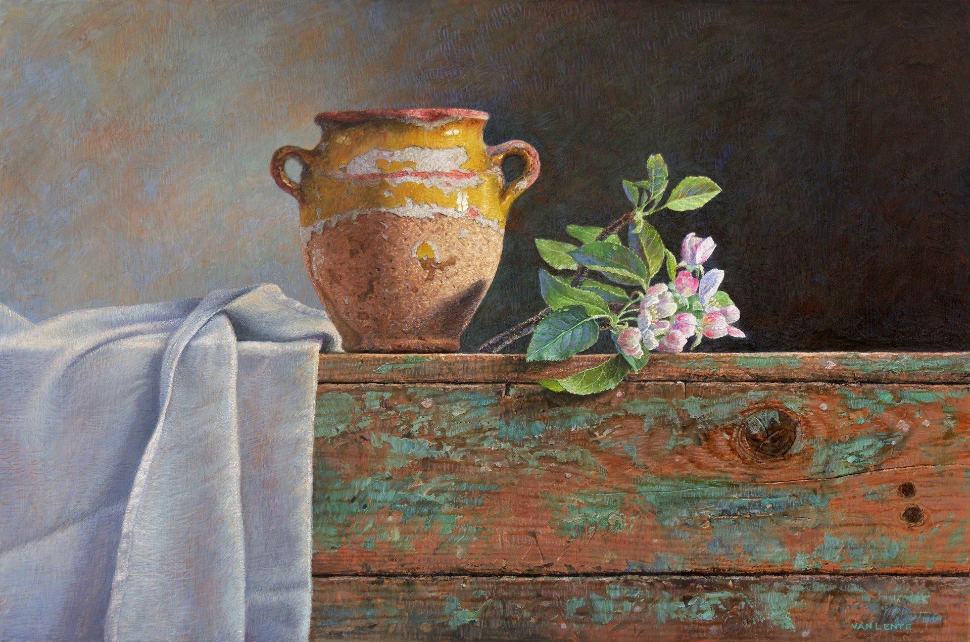 Gerrit van Lente stilleven olieverf confit pot en bloesem