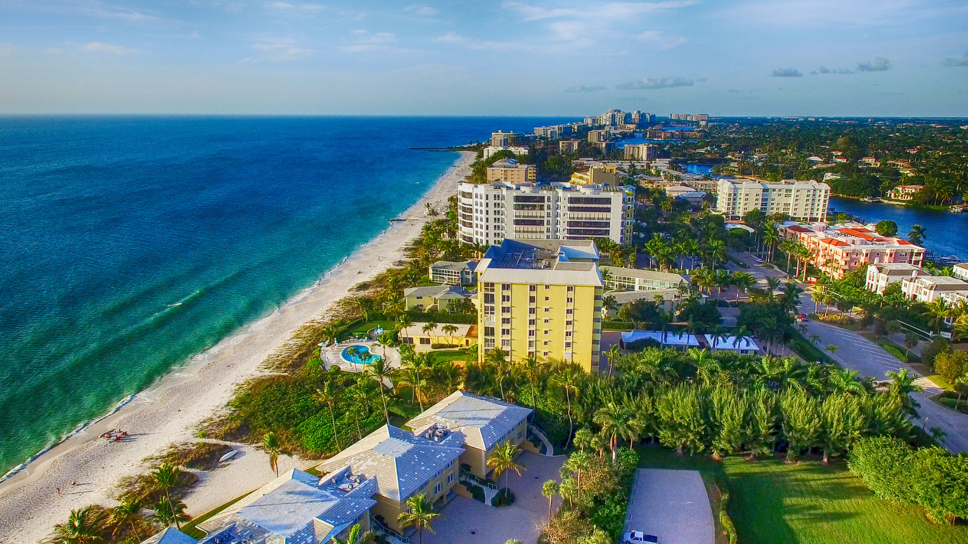 An aerial view of a beach with buildings and trees along the shore.