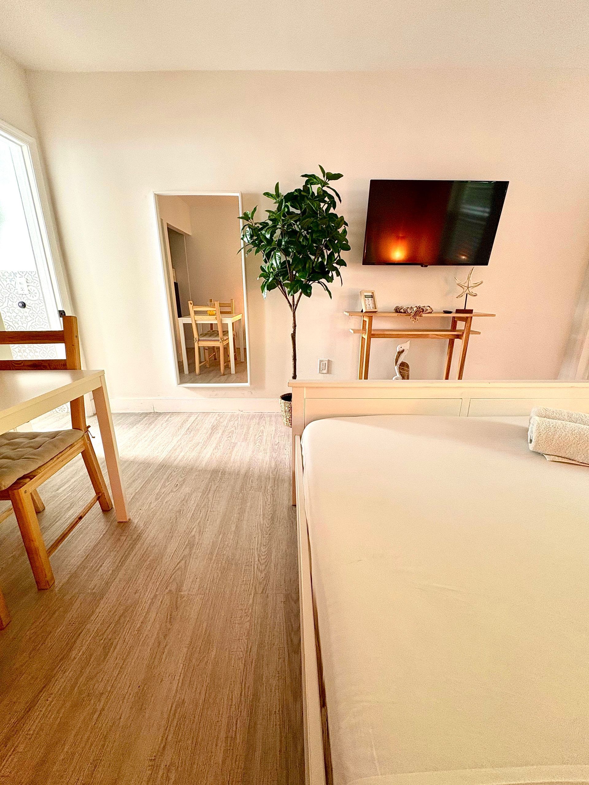 Small studio apartment with bed, table, mirror, and TV; neutral colors.
