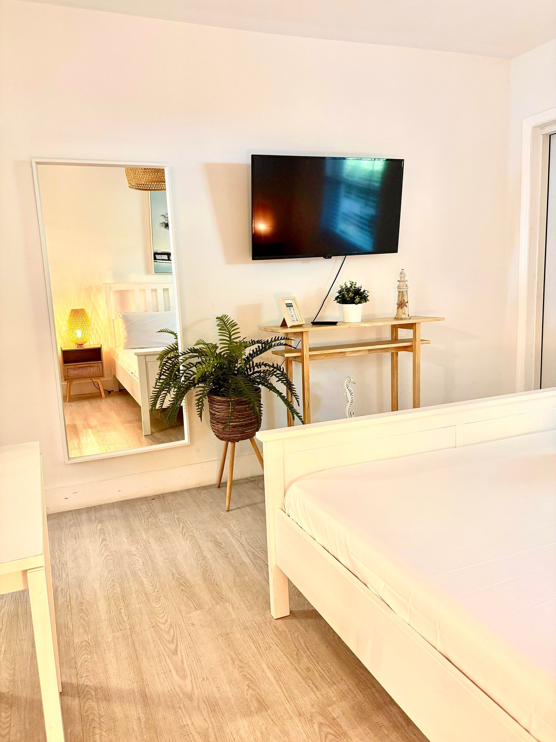 Bedroom with white walls, bed, full-length mirror, TV, wooden table, and potted plant.