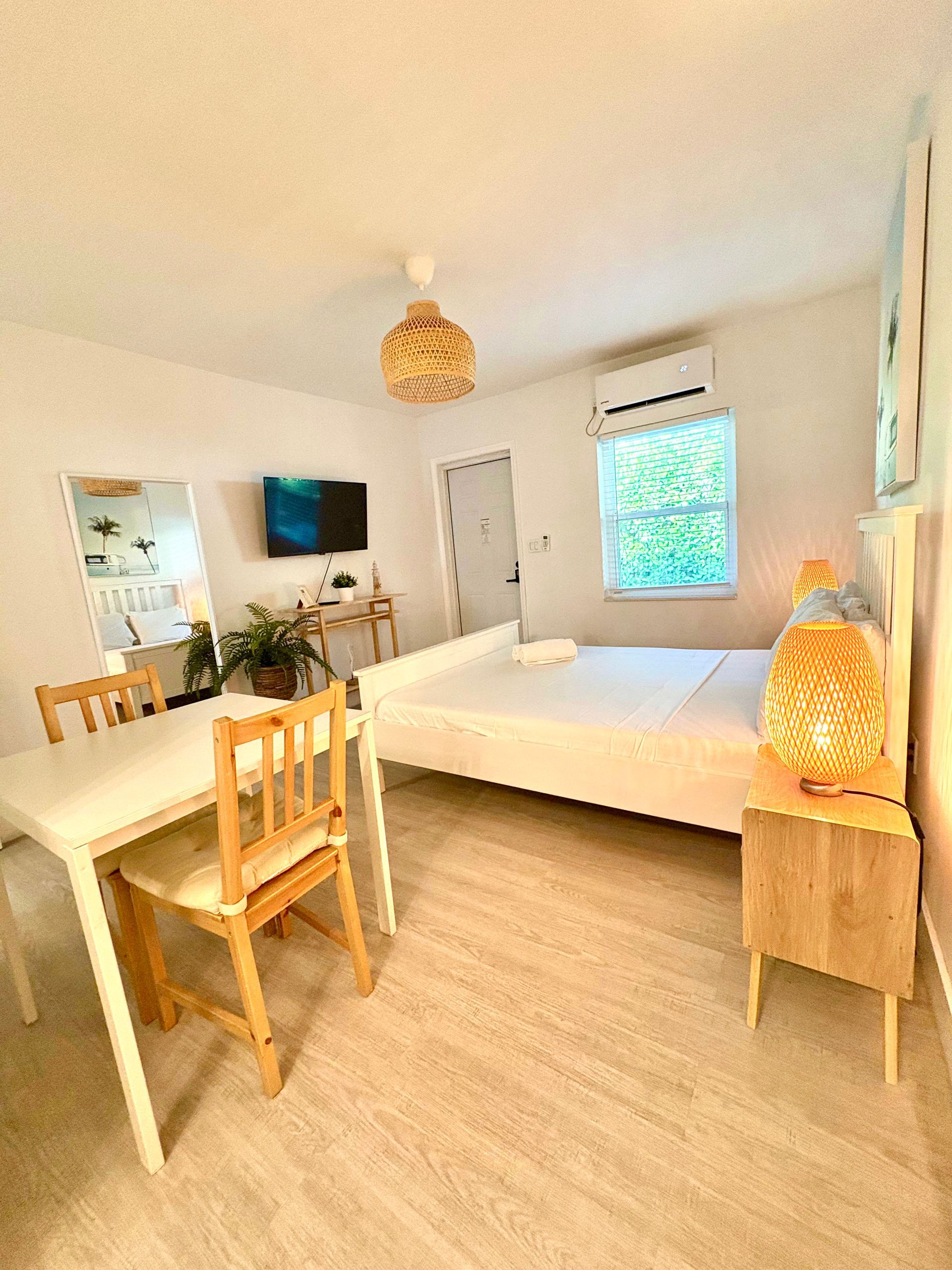 Bright, modern studio apartment with bed, table, chairs, TV, and decorative lamp.