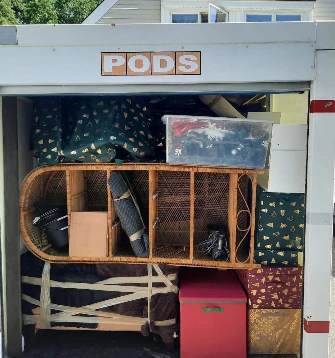 The word pods that is on a building