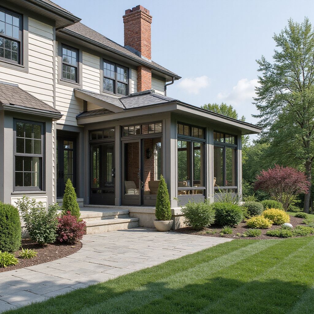 Two-story house exterior with gray porch, brick chimney, and paved walkway leading to the lawn.