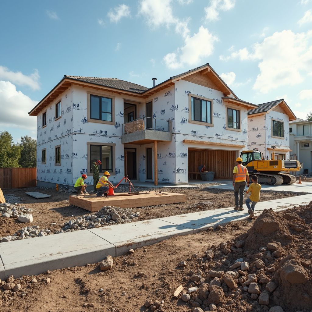 House under construction with workers and equipment; blue sky, sunny day.