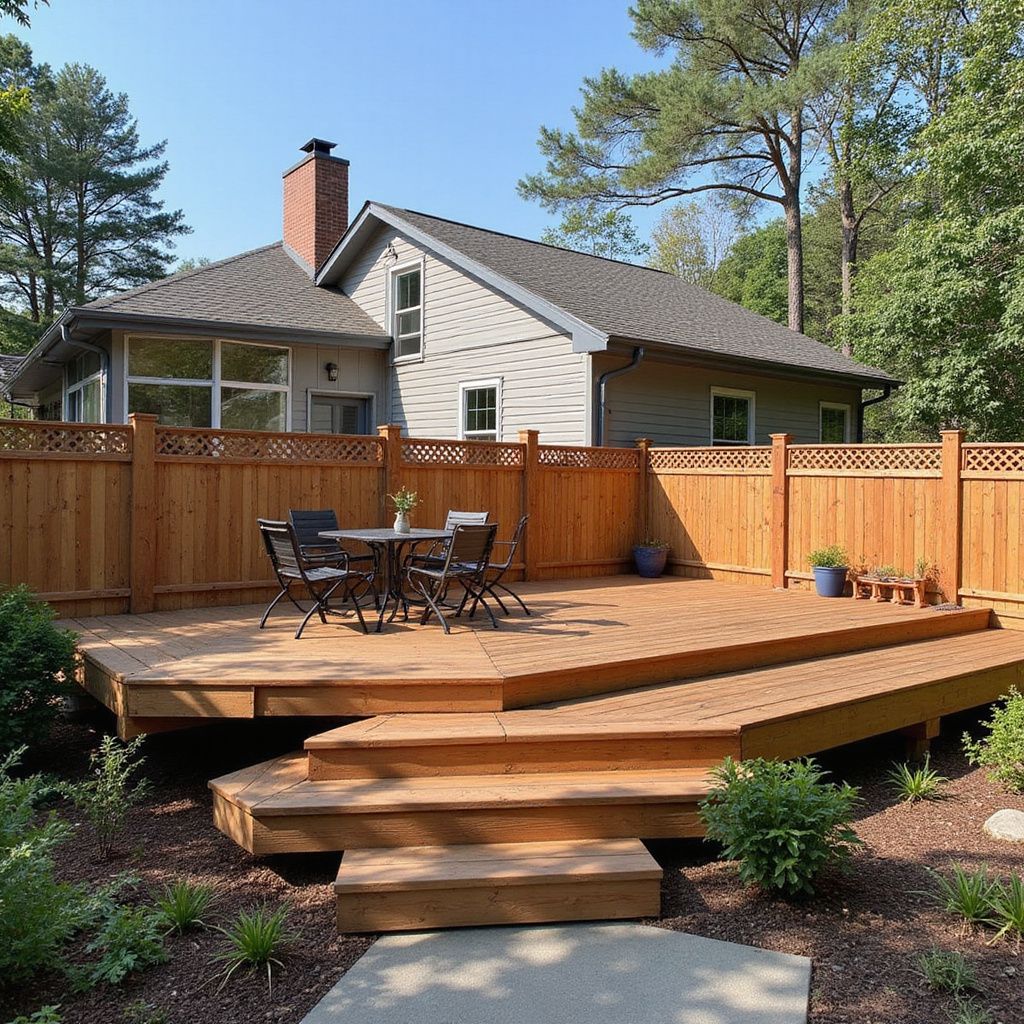Wooden deck with table and chairs in front of a gray house surrounded by trees, under a blue sky.
