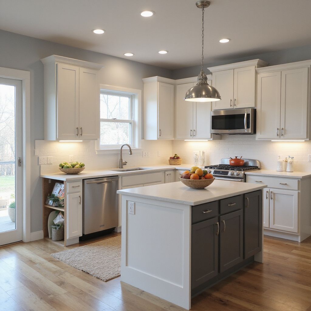 A bright, modern kitchen with white cabinetry, a dark gray island, and stainless steel appliances.