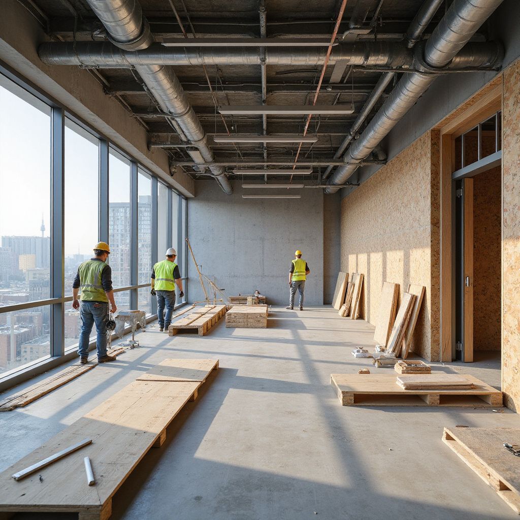 Construction site interior with workers, large windows, exposed ceiling, and wood panels.