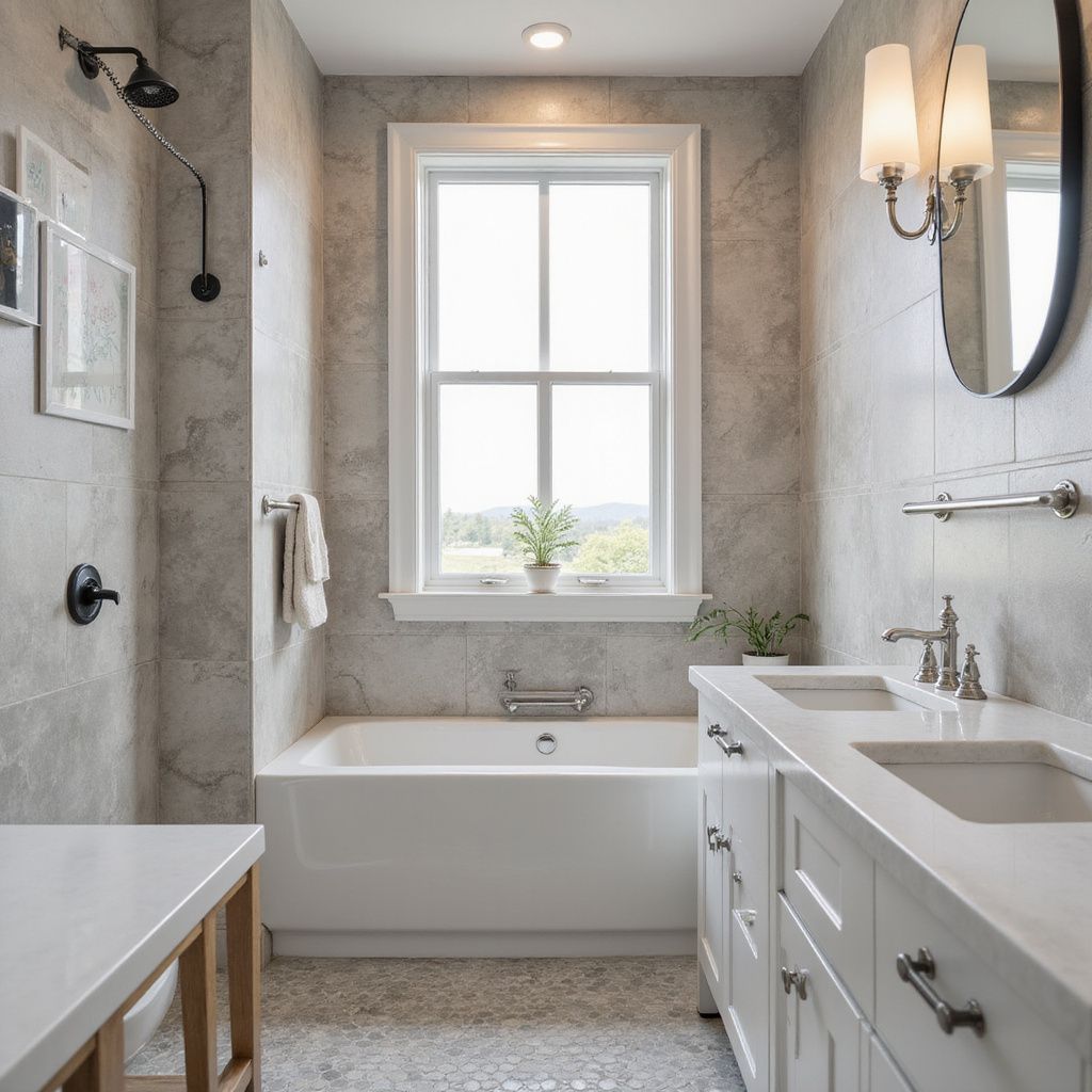 Bathroom with a white tub, vanity, window, and gray tiled walls.