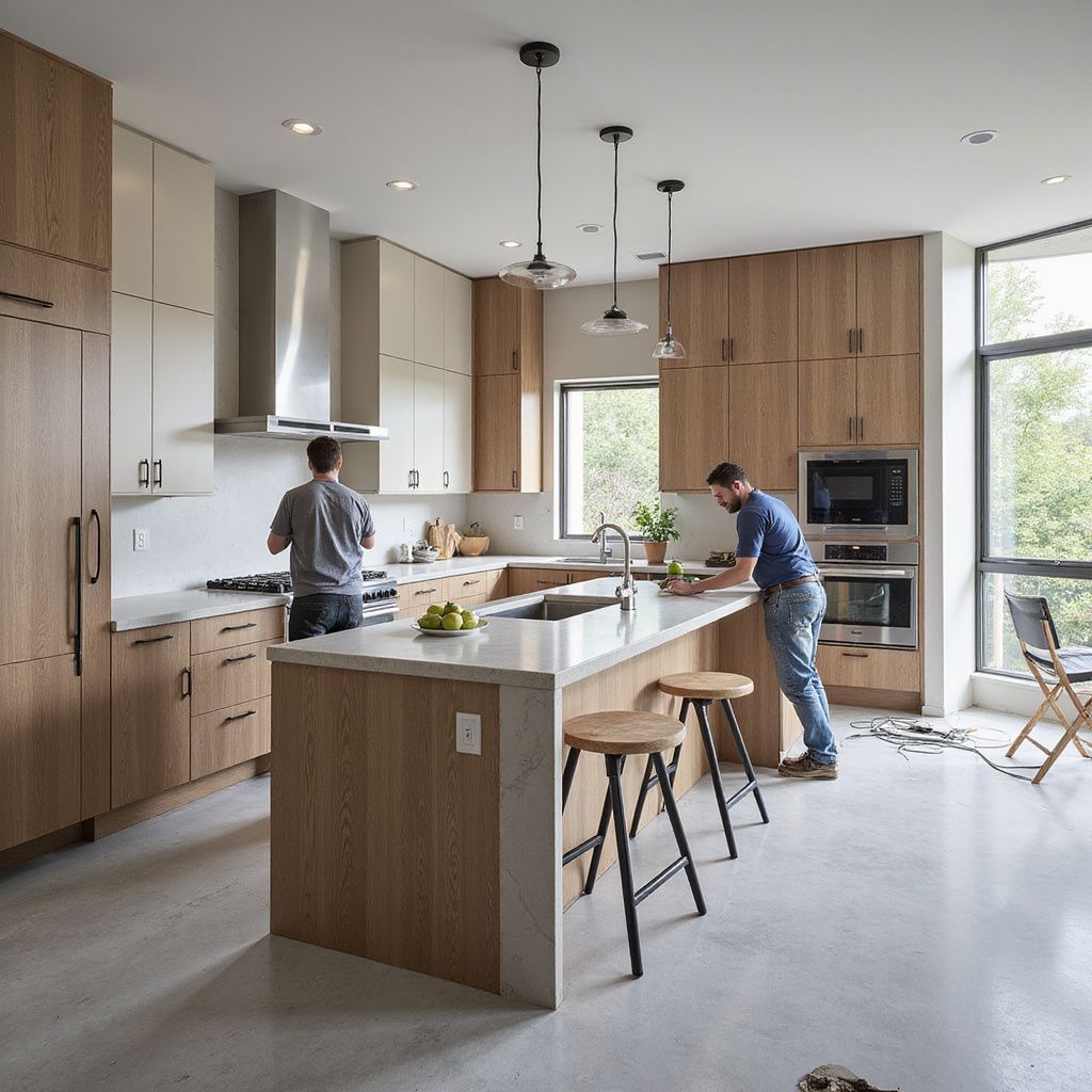 Two men in a modern kitchen with island and stainless steel appliances. One cooks, the other works.