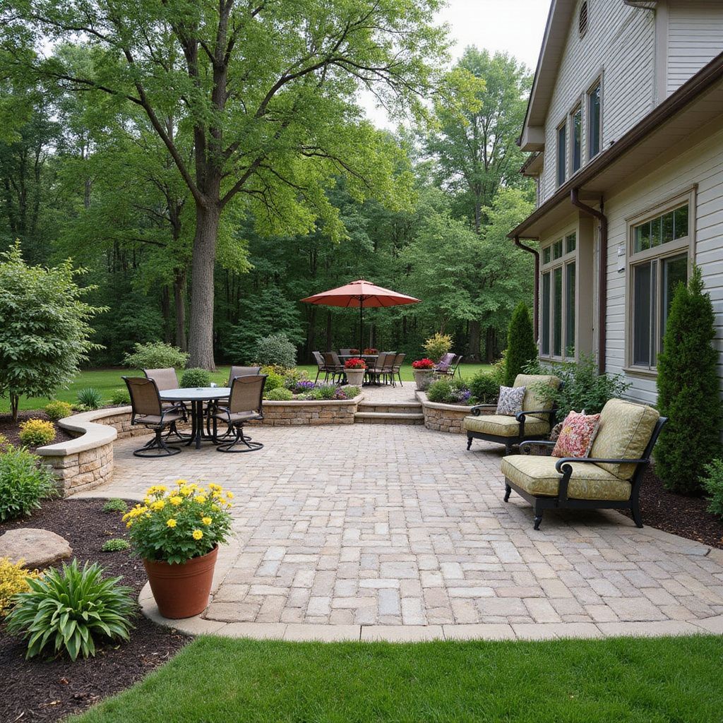 Brick patio with outdoor seating, flowerbeds, and a large umbrella near a house.