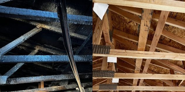 A before and after picture of a wooden roof.